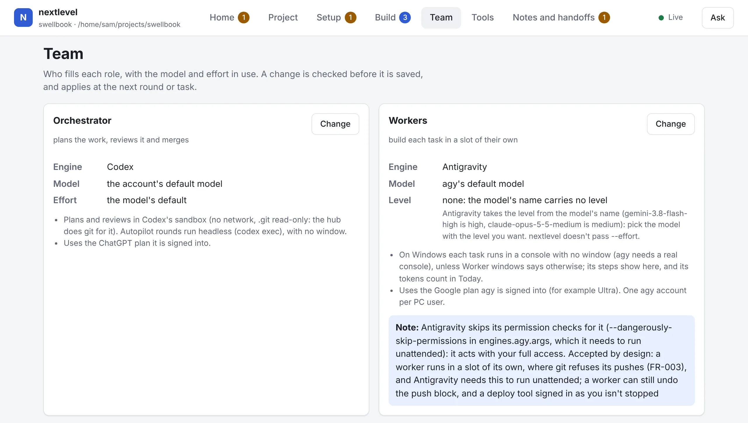 The Team page: the orchestrator on Codex with the account's default model, and the workers on Antigravity, with a note that Antigravity runs without its own permission checks and what that means.